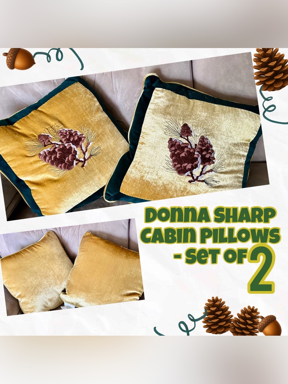 Donna Sharp Cabin Decorative Throw Pillows Gold Embroidered Pine Cone Set of 2